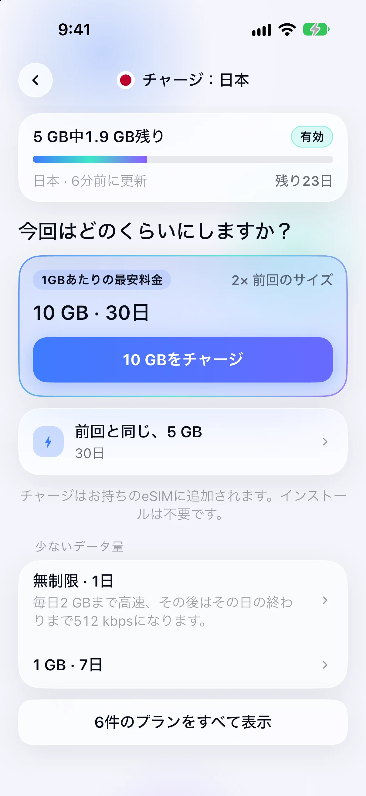 インストール済みeSIMのチャージオプション