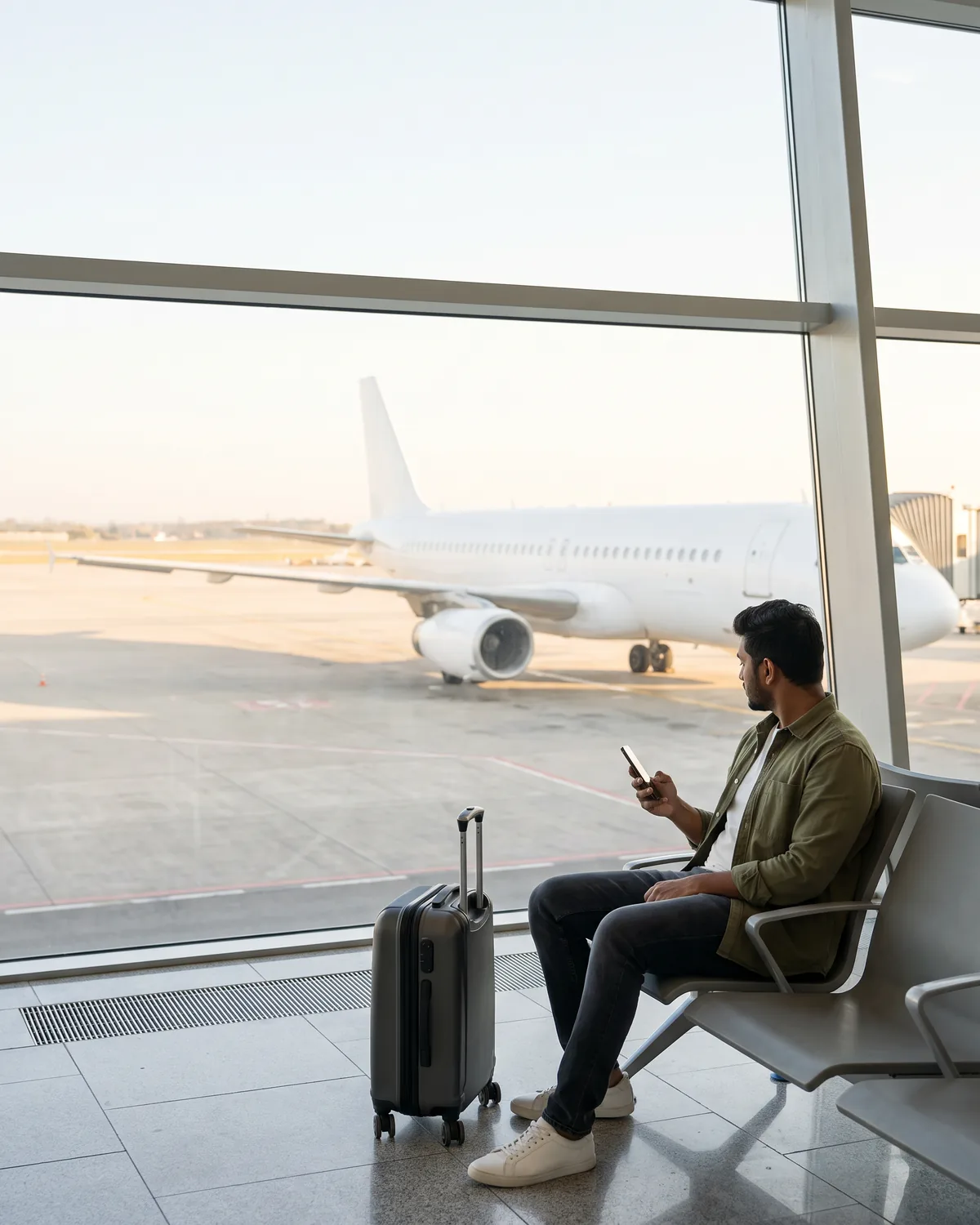 Traveller waiting at an airport gate by the window, checking their phone before boarding