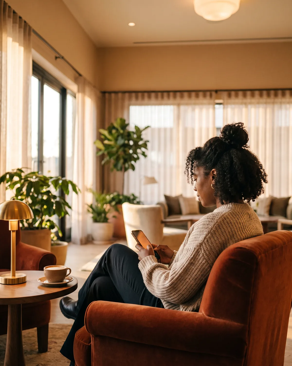 Traveller relaxing in a hotel lounge armchair with a coffee, looking at their phone