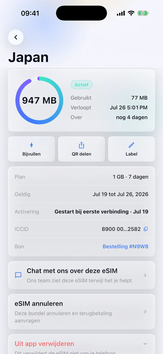 Live datagebruik voor een actieve eSIM in de SimFuse-app