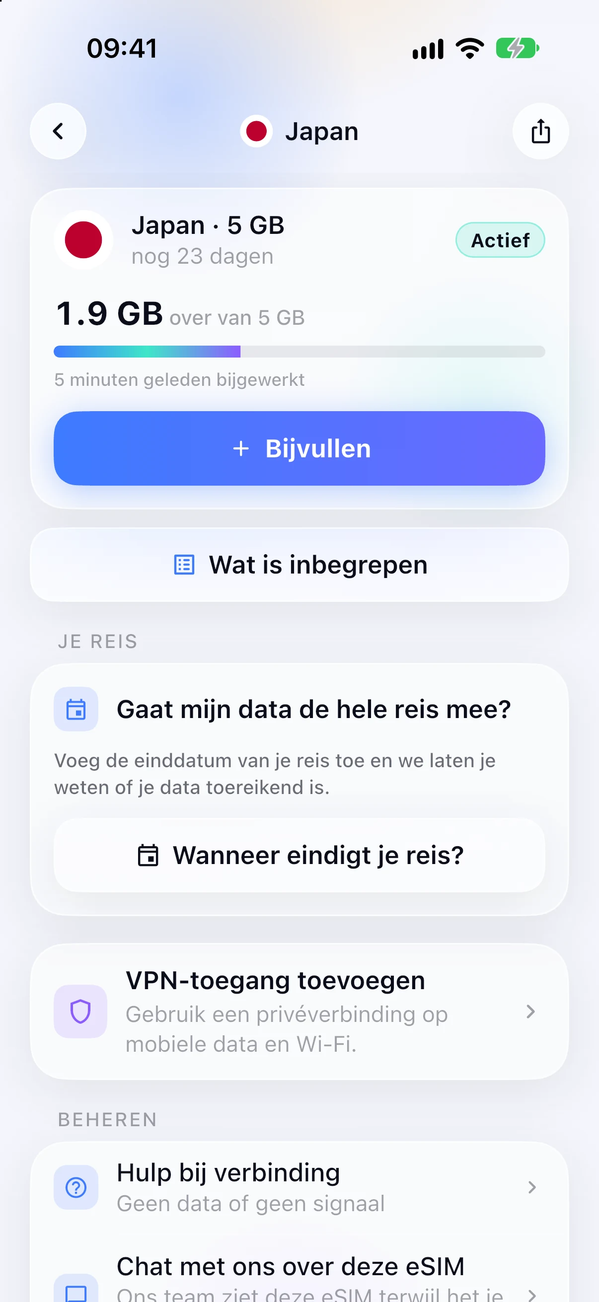 Resterende data op een actieve eSIM in de SimFuse-app