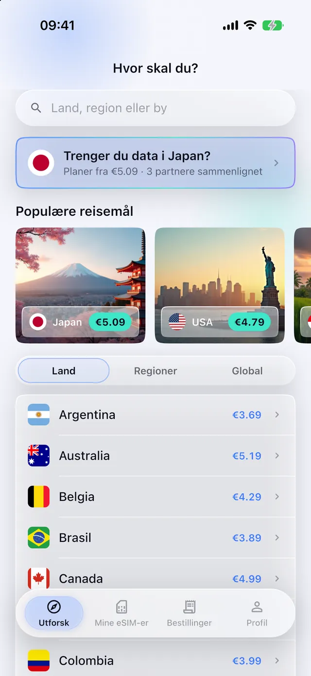 Bla gjennom eSIM-planer etter land i SimFuse-appen