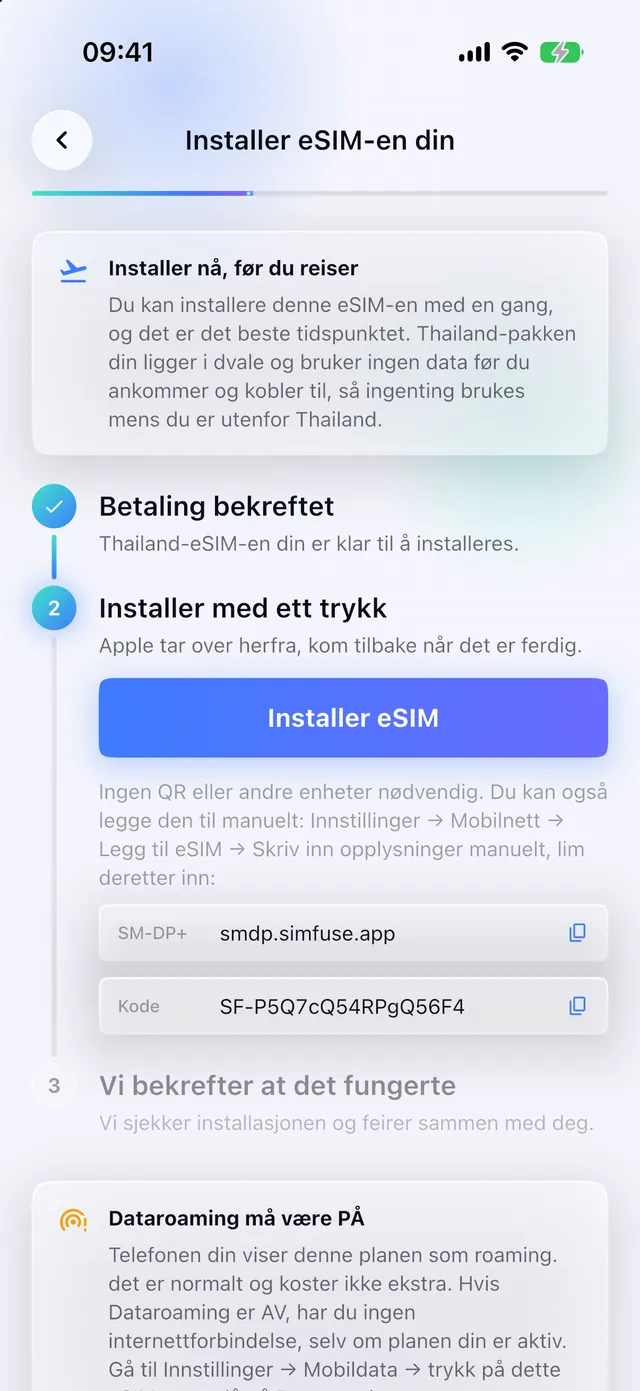 Installering av et eSIM med ett trykk i SimFuse-appen