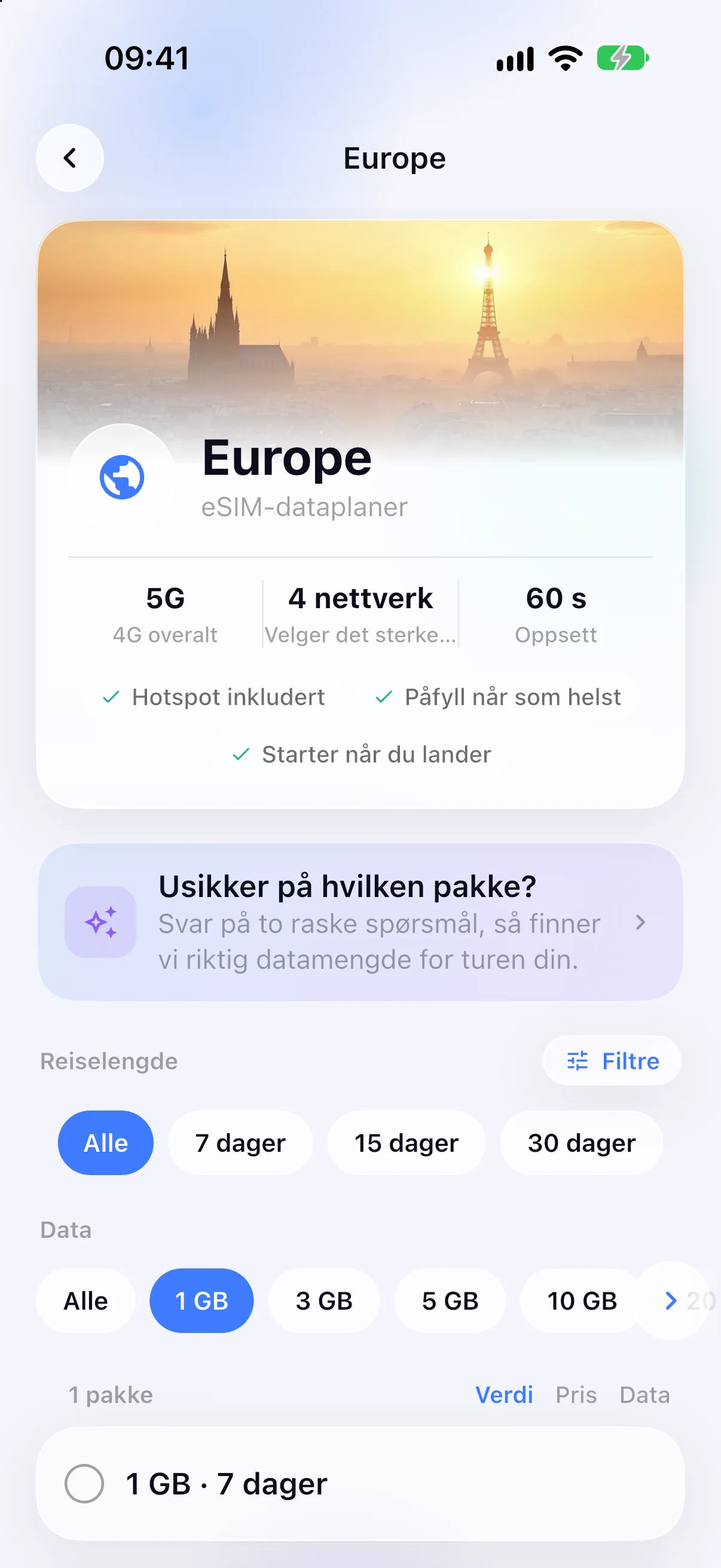Regionale eSIM-planer for Europa i SimFuse-appen