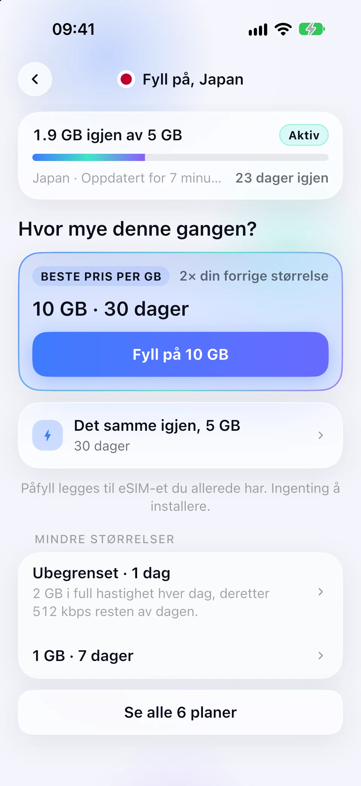 Påfyllingsalternativer for et eSIM som allerede er installert