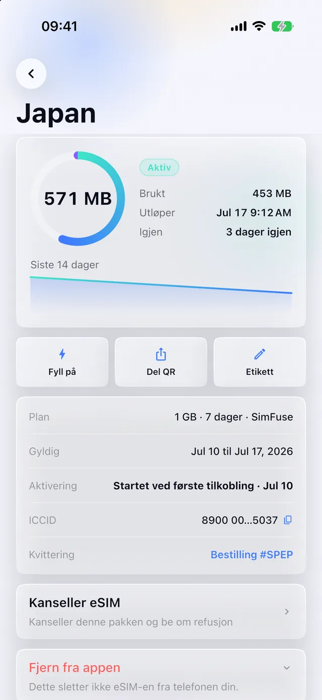 Sanntids databruk for et aktivt eSIM i SimFuse-appen