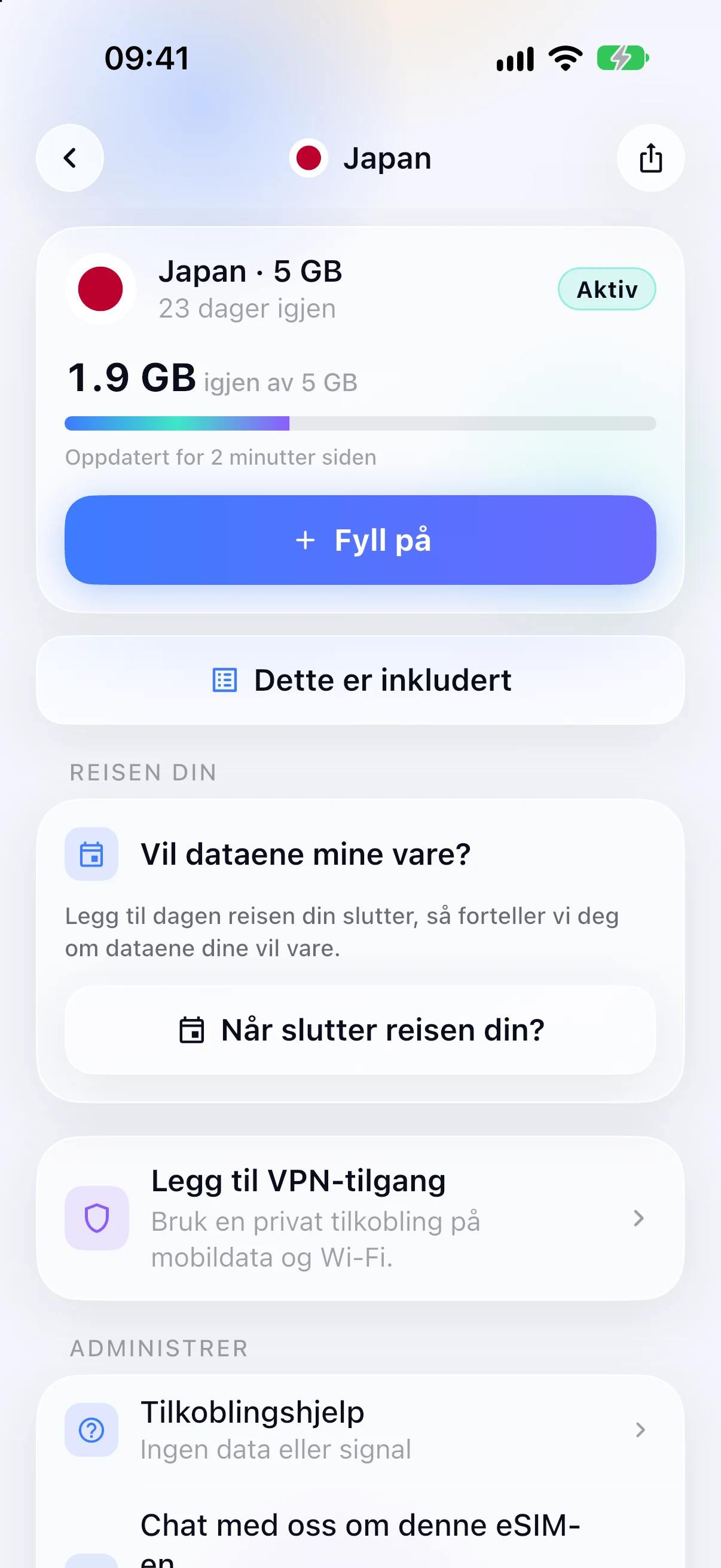 Gjenværende data på et aktivt eSIM i SimFuse-appen