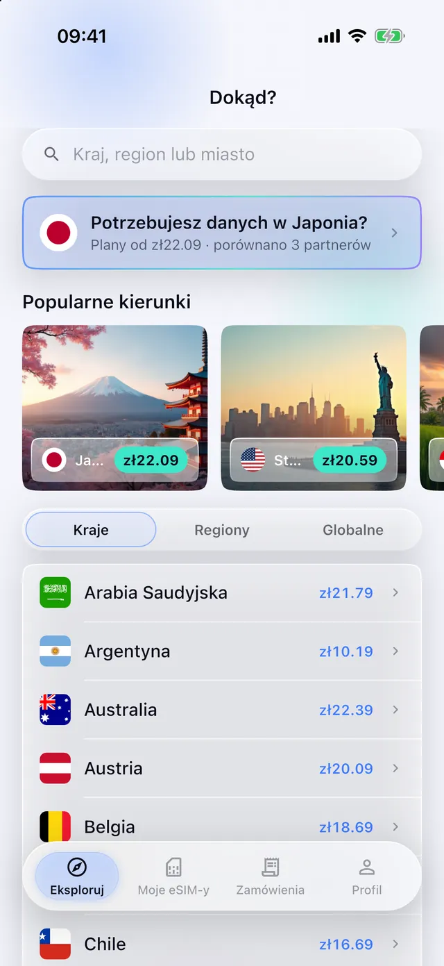Przeglądanie planów eSIM według krajów w aplikacji SimFuse