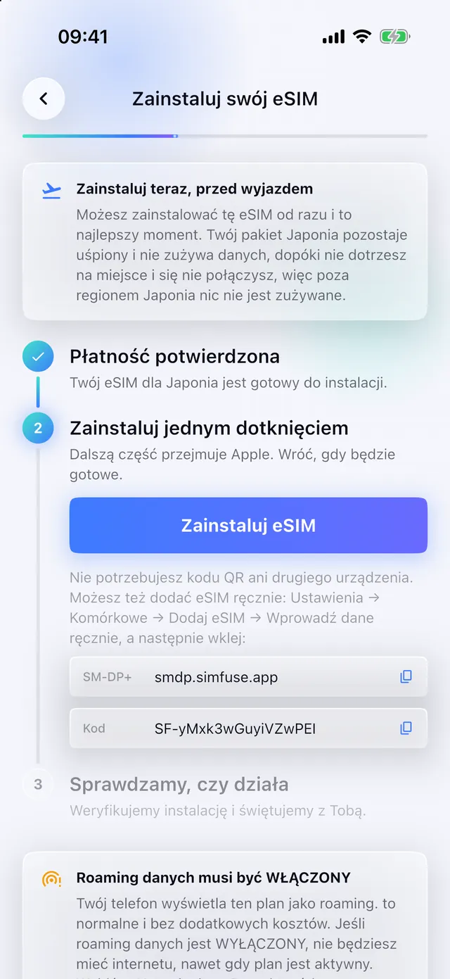 Instalowanie eSIM jednym stuknięciem w aplikacji SimFuse
