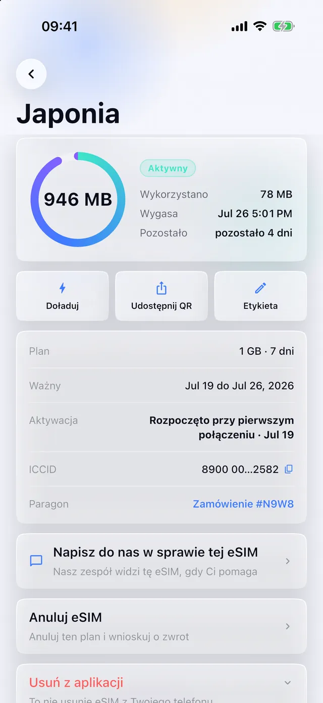 Zużycie danych na żywo dla aktywnej eSIM w aplikacji SimFuse