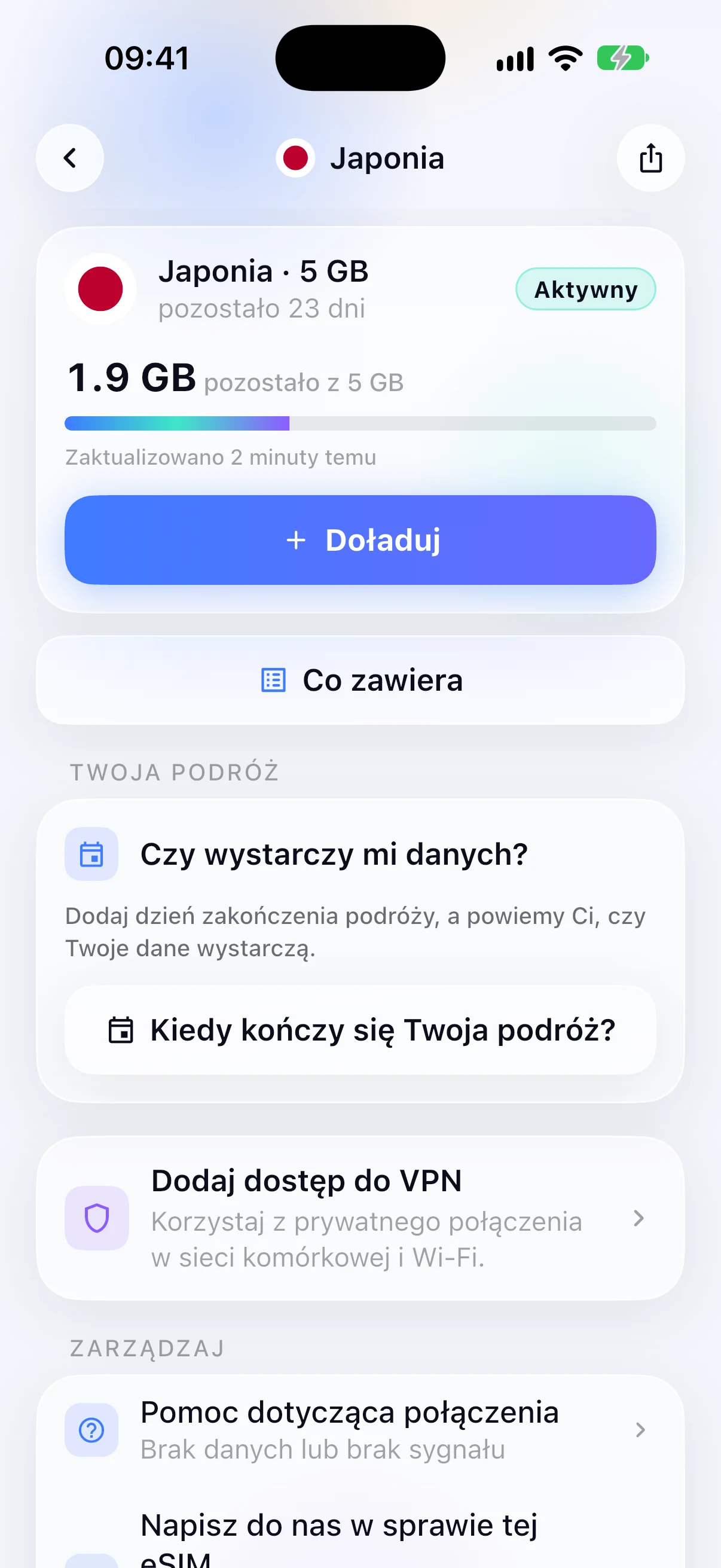 Pozostałe dane na aktywnej karcie eSIM w aplikacji SimFuse