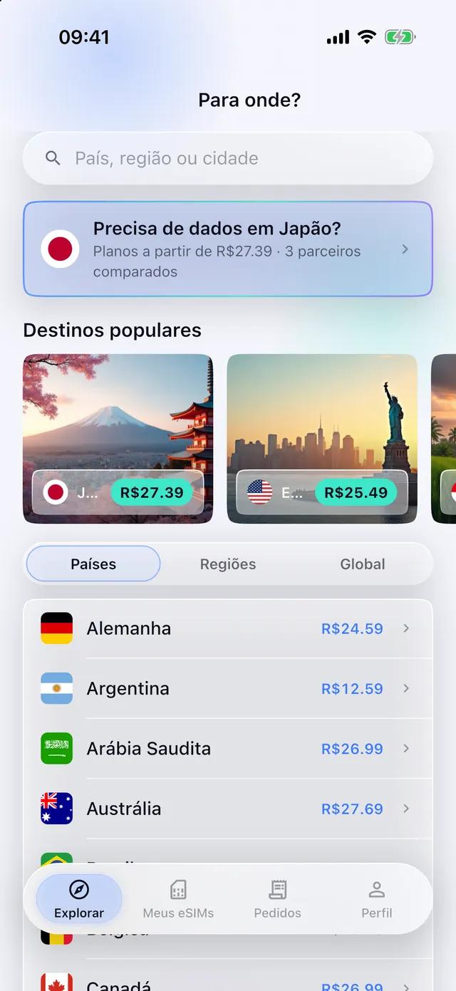 Navegando pelos planos de eSIM por país no aplicativo SimFuse