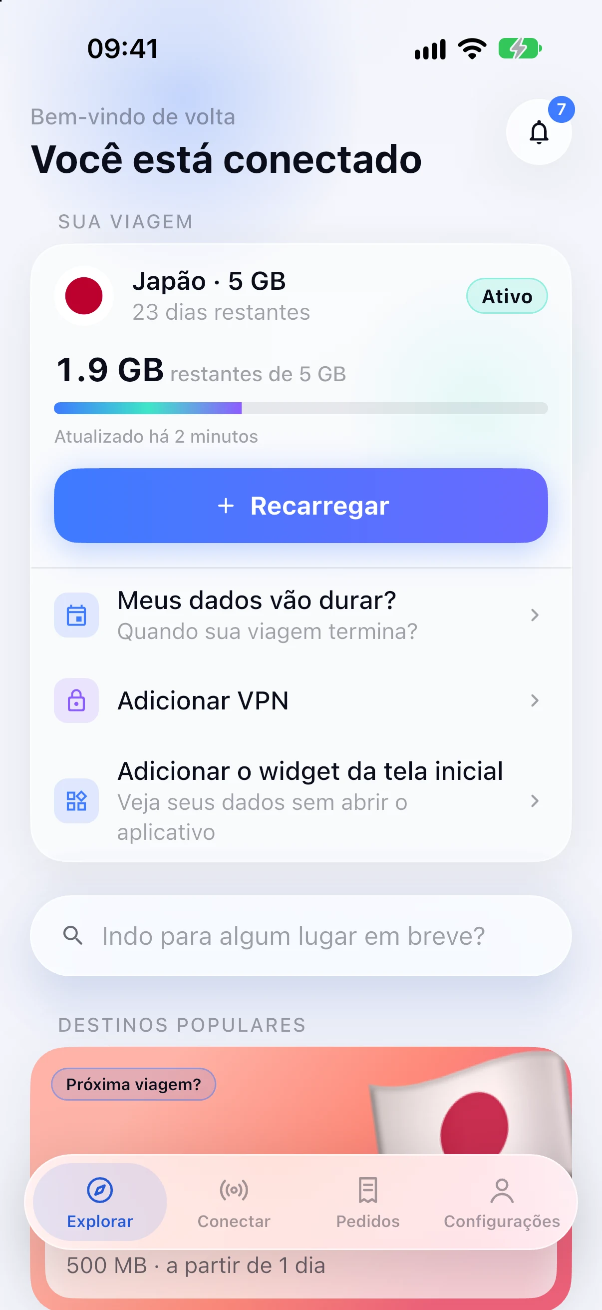 Busca de destinos no app SimFuse