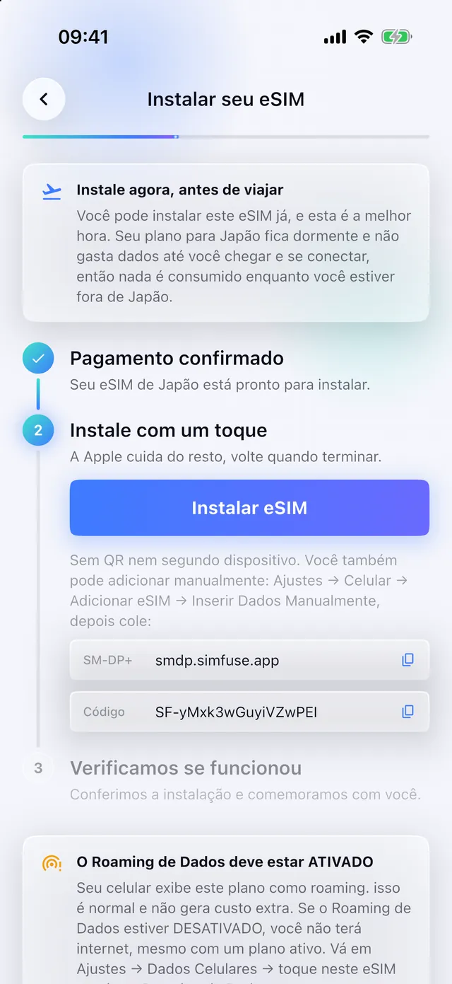 Instalando um eSIM com um toque no aplicativo SimFuse
