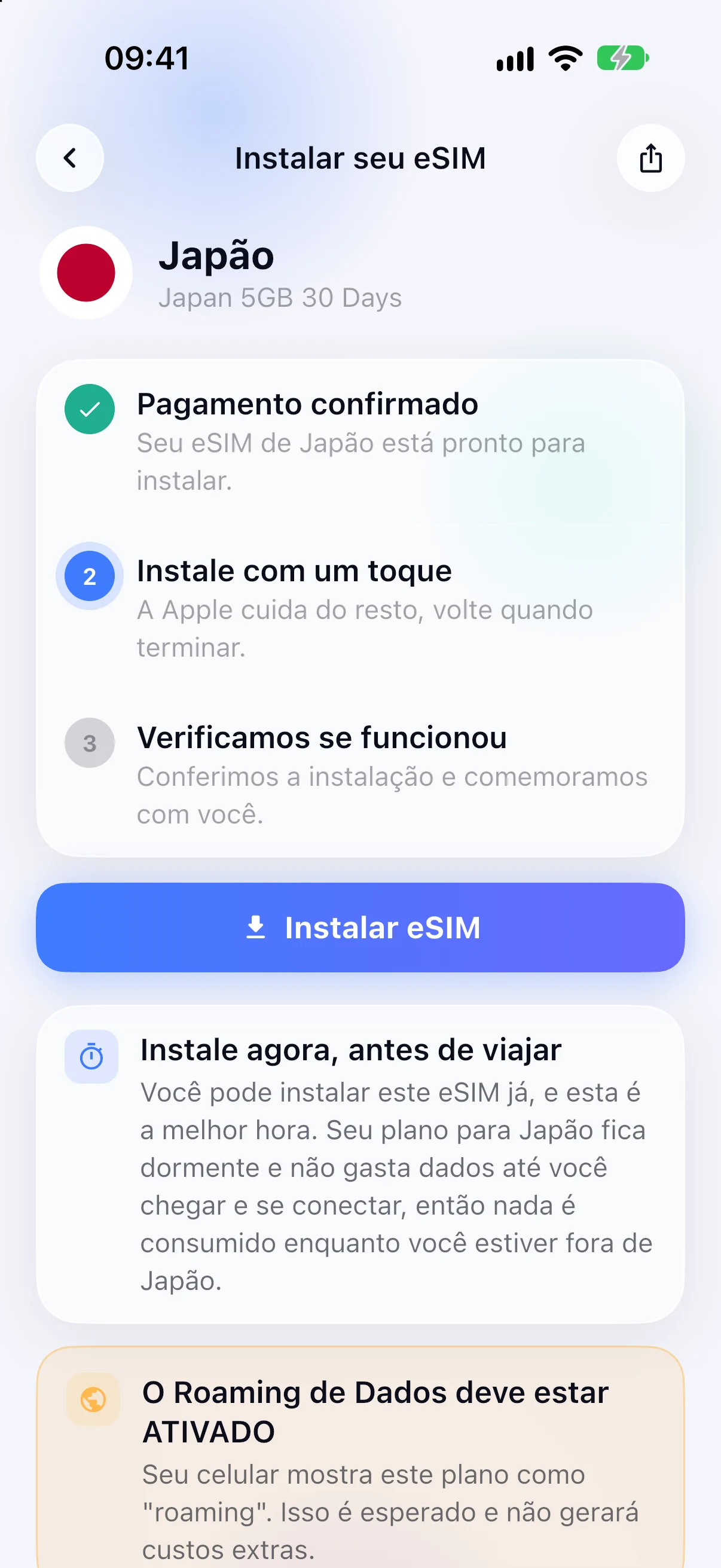 Instalação guiada de eSIM no app SimFuse