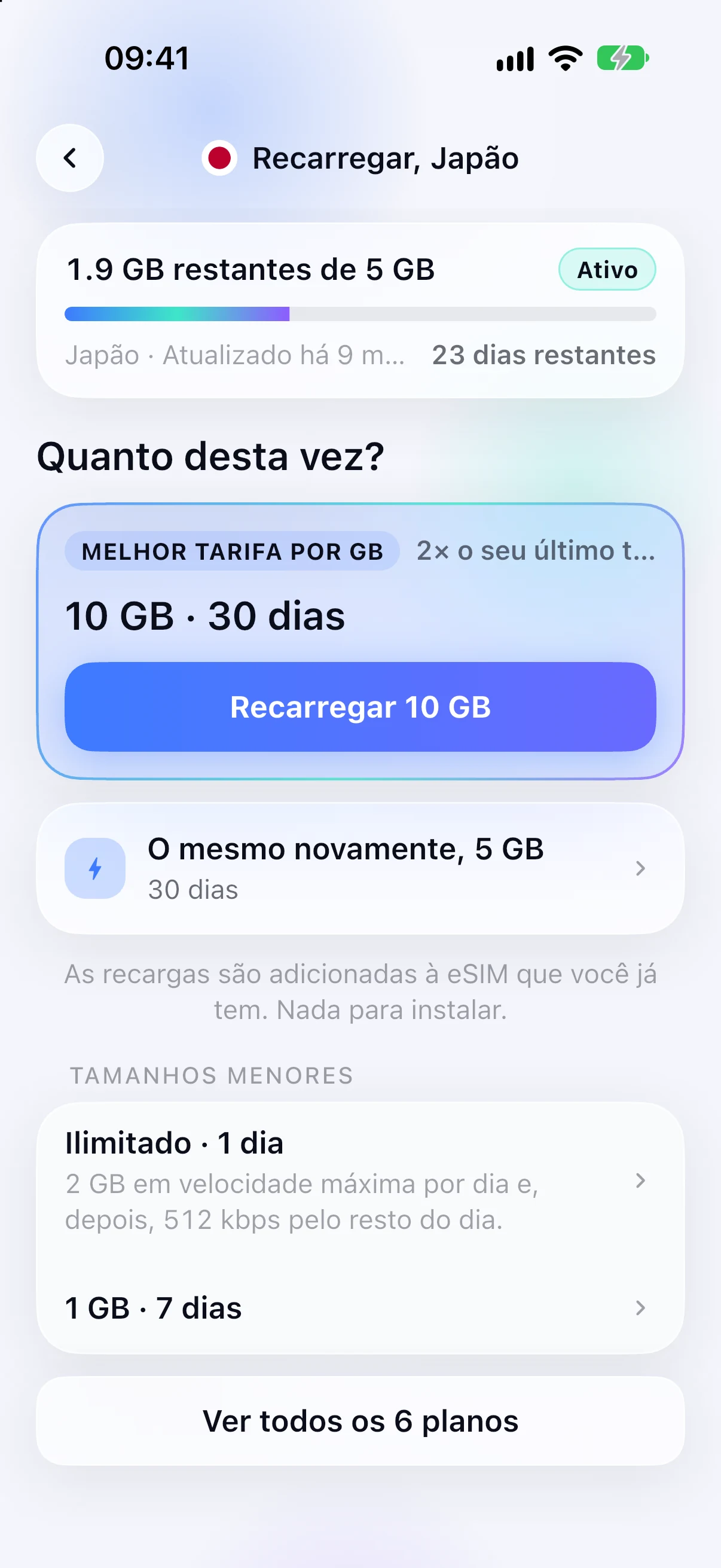 Opções de recarga para um eSIM já instalado