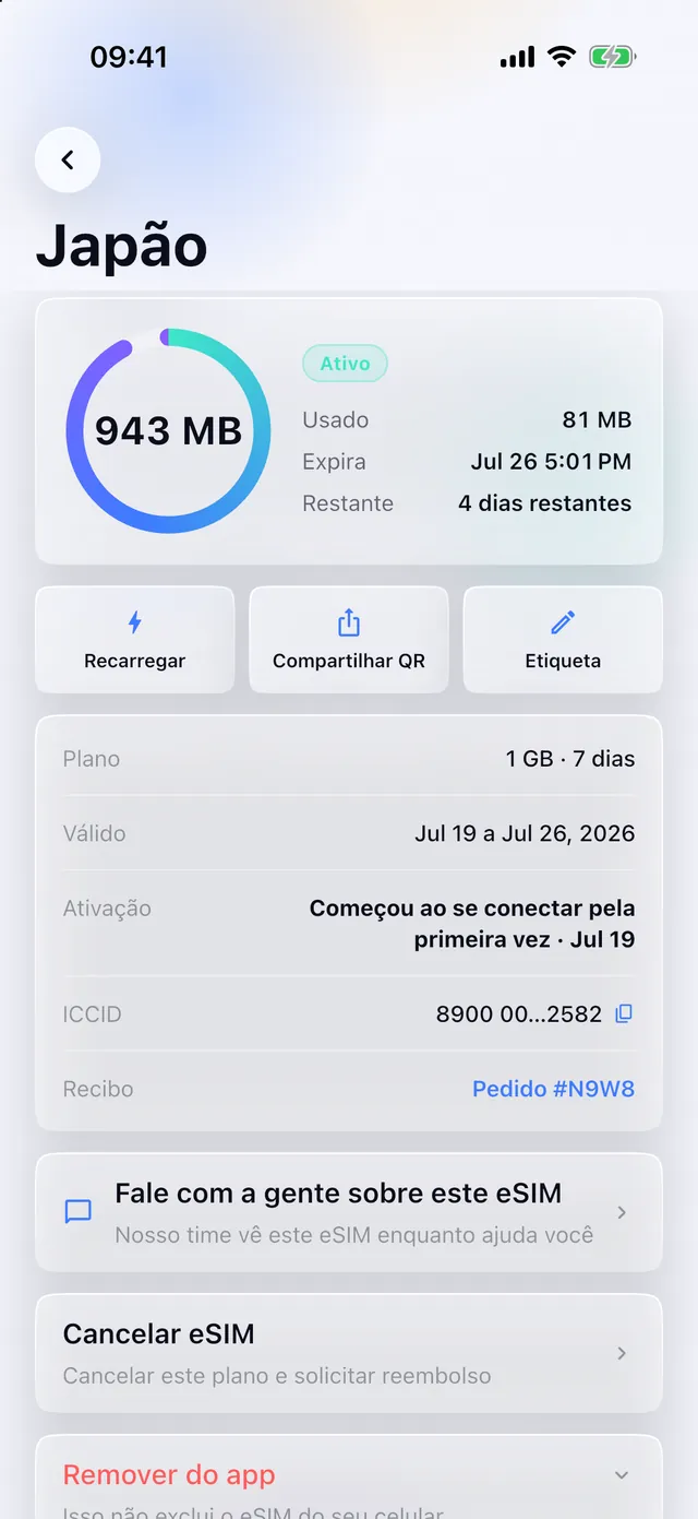 Uso de dados em tempo real para um eSIM ativo no aplicativo SimFuse