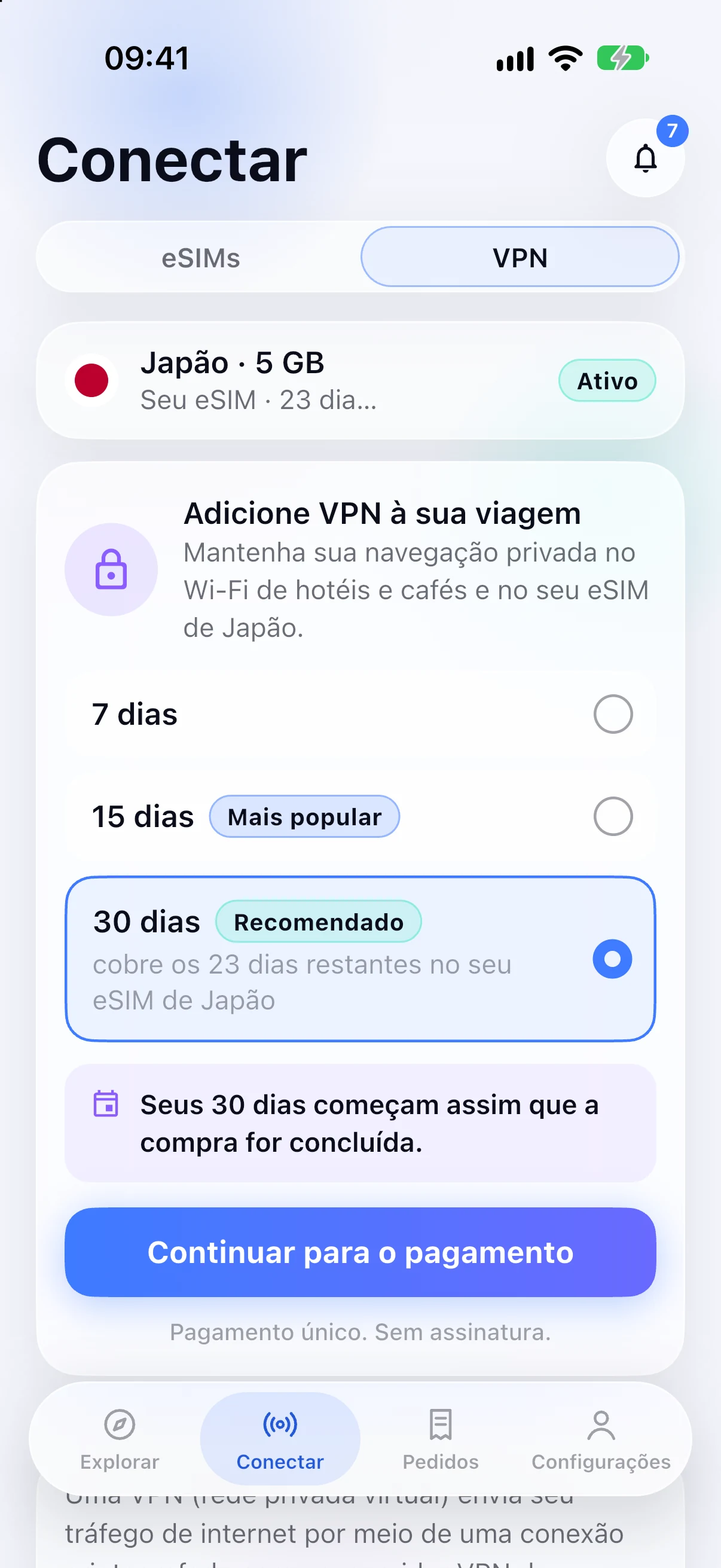Adicionando uma VPN a um eSIM do Japão no aplicativo SimFuse