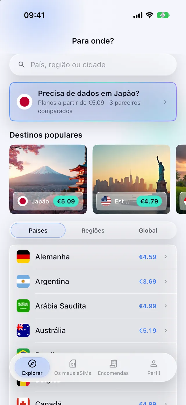 A explorar planos de eSIM por país na aplicação SimFuse