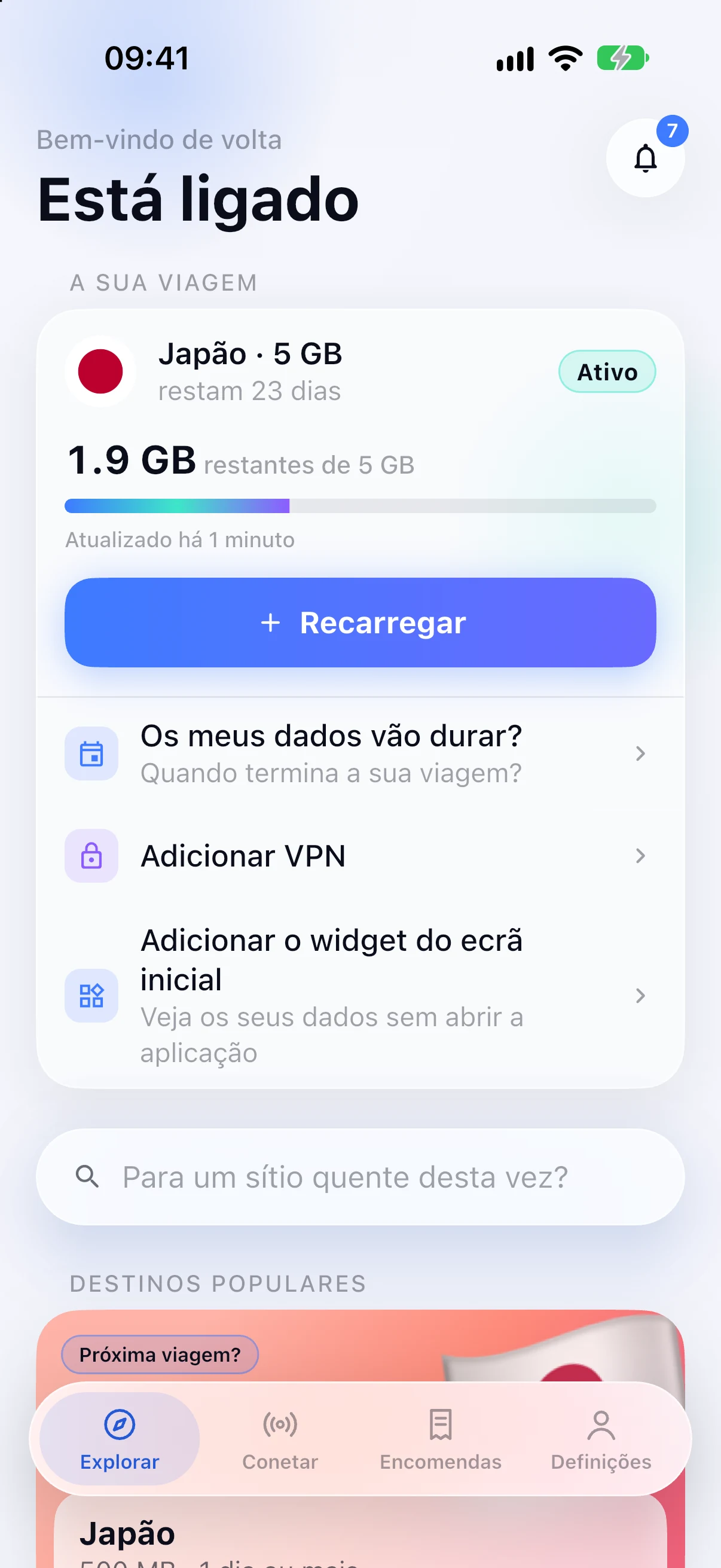 Pesquisa de destinos na app SimFuse
