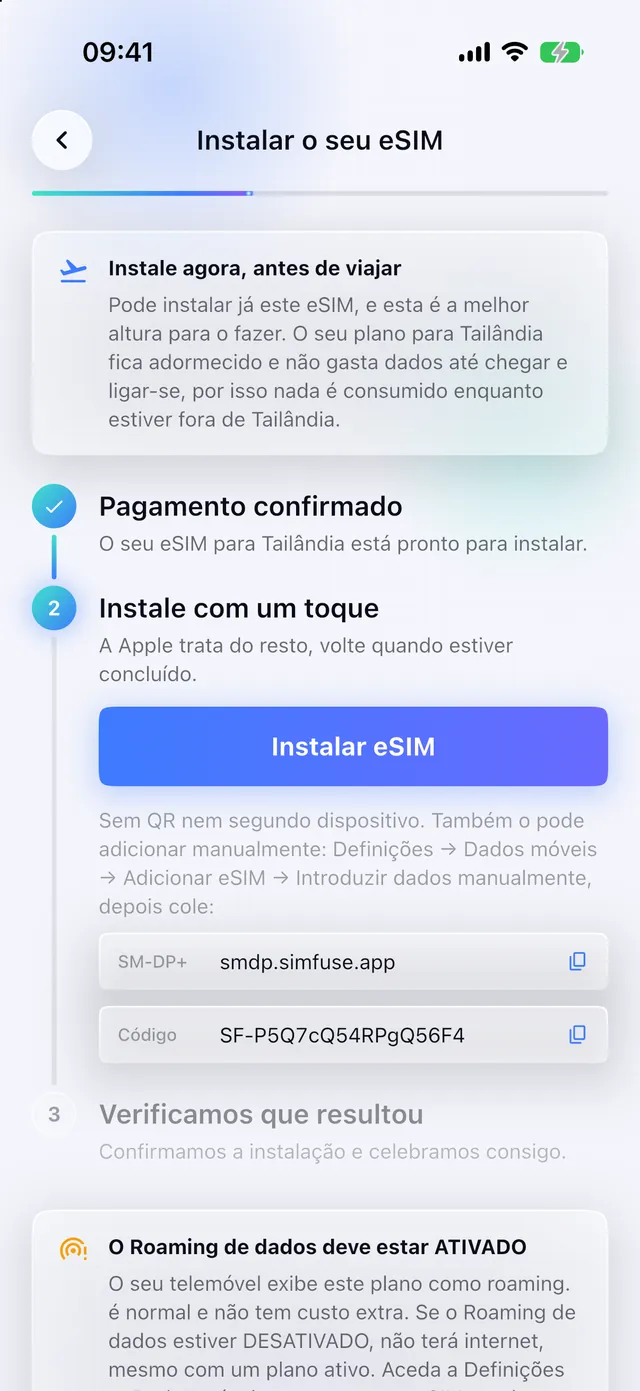 A instalar um eSIM com um toque na aplicação SimFuse