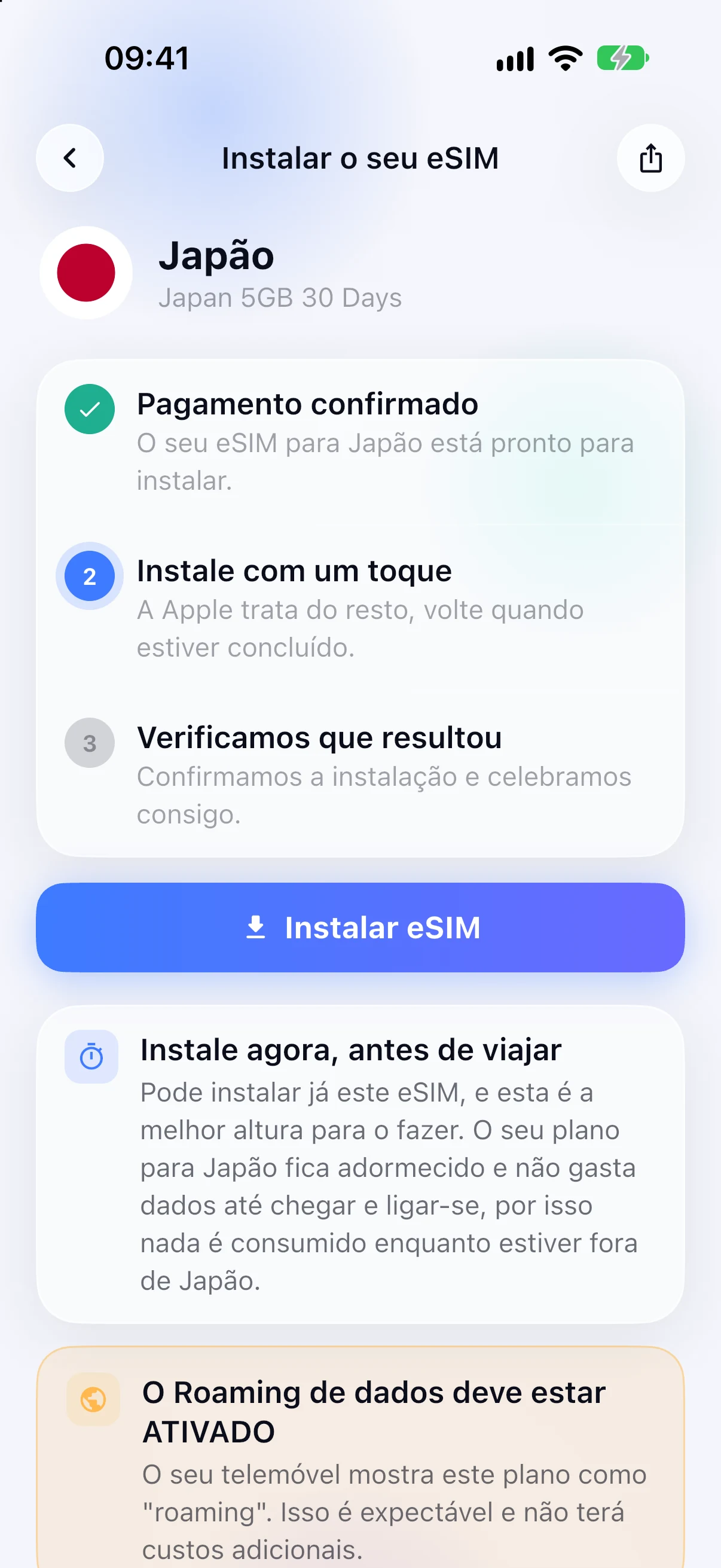 Instalação guiada de eSIM na app SimFuse