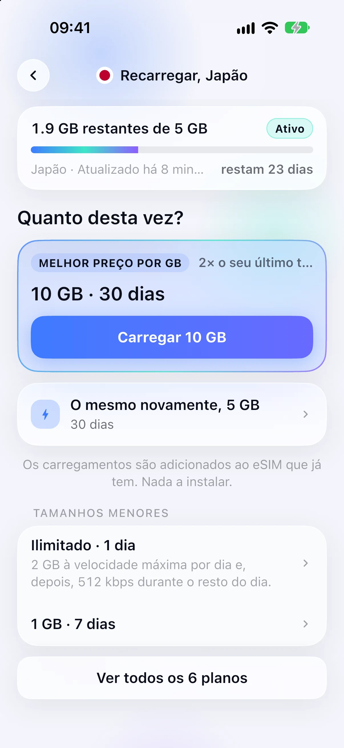 Opções de carregamento para um eSIM já instalado