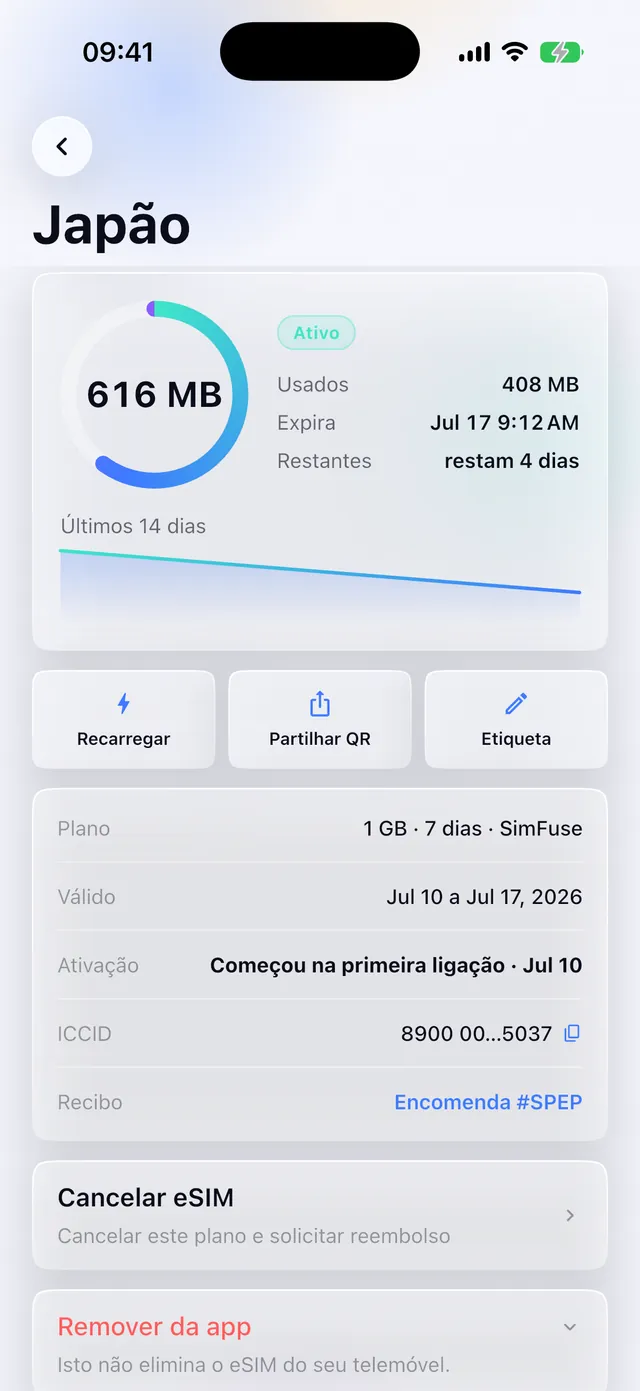 Utilização de dados em tempo real para um eSIM ativo na aplicação SimFuse