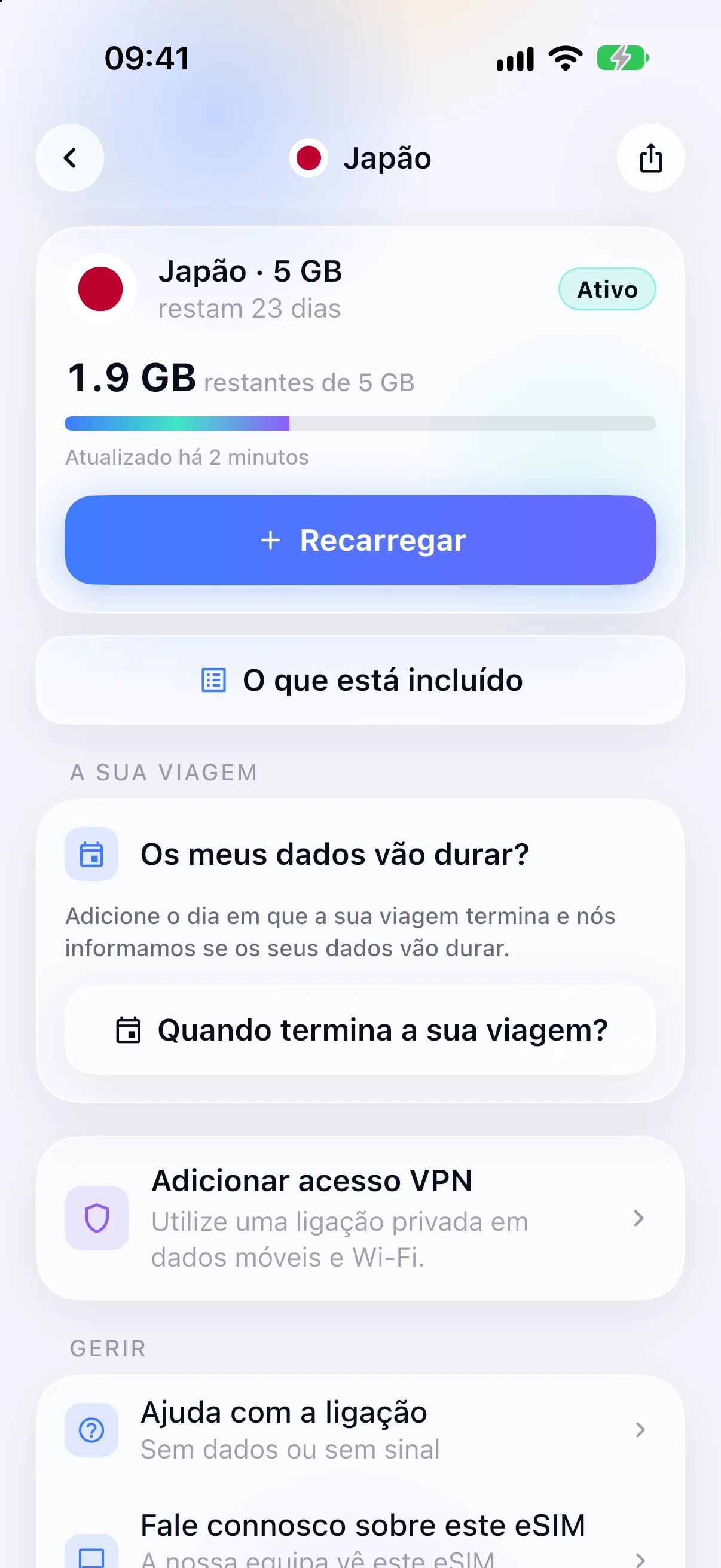 Dados restantes num eSIM ativo na app SimFuse
