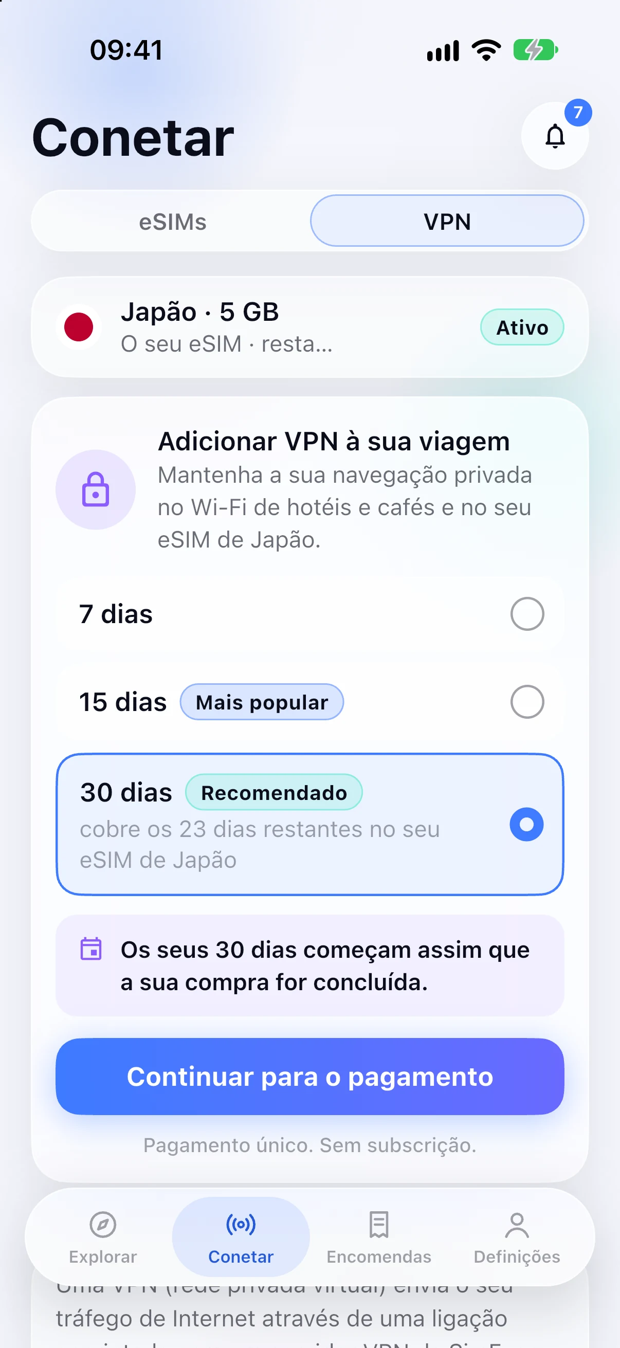 Adicionar uma VPN a um eSIM para o Japão na aplicação SimFuse
