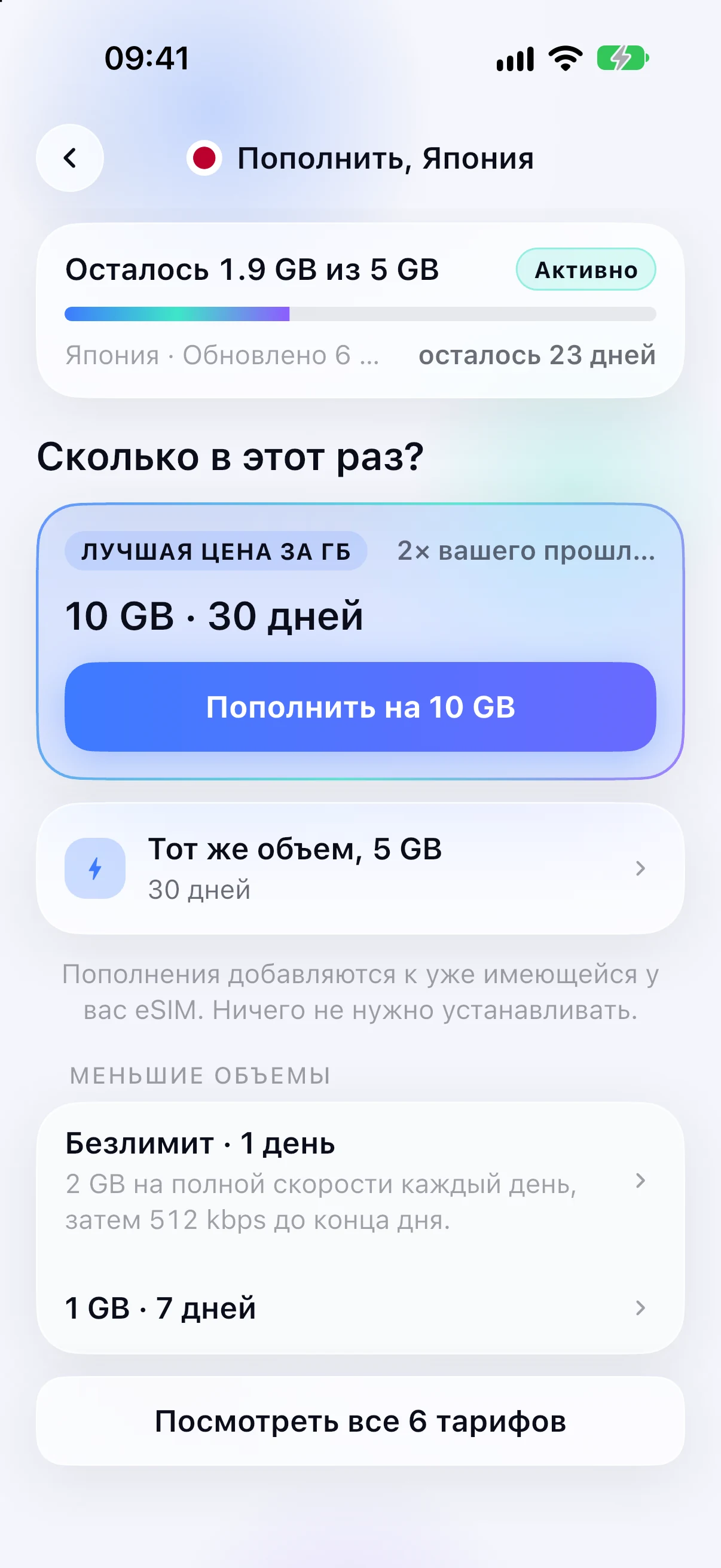 Варианты пополнения для уже установленной eSIM