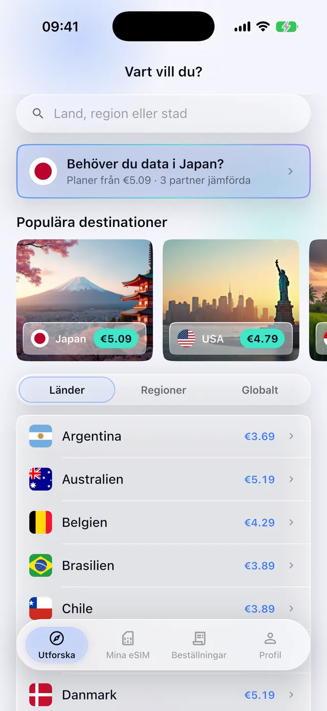 Bläddra bland eSIM-paket per land i SimFuse-appen
