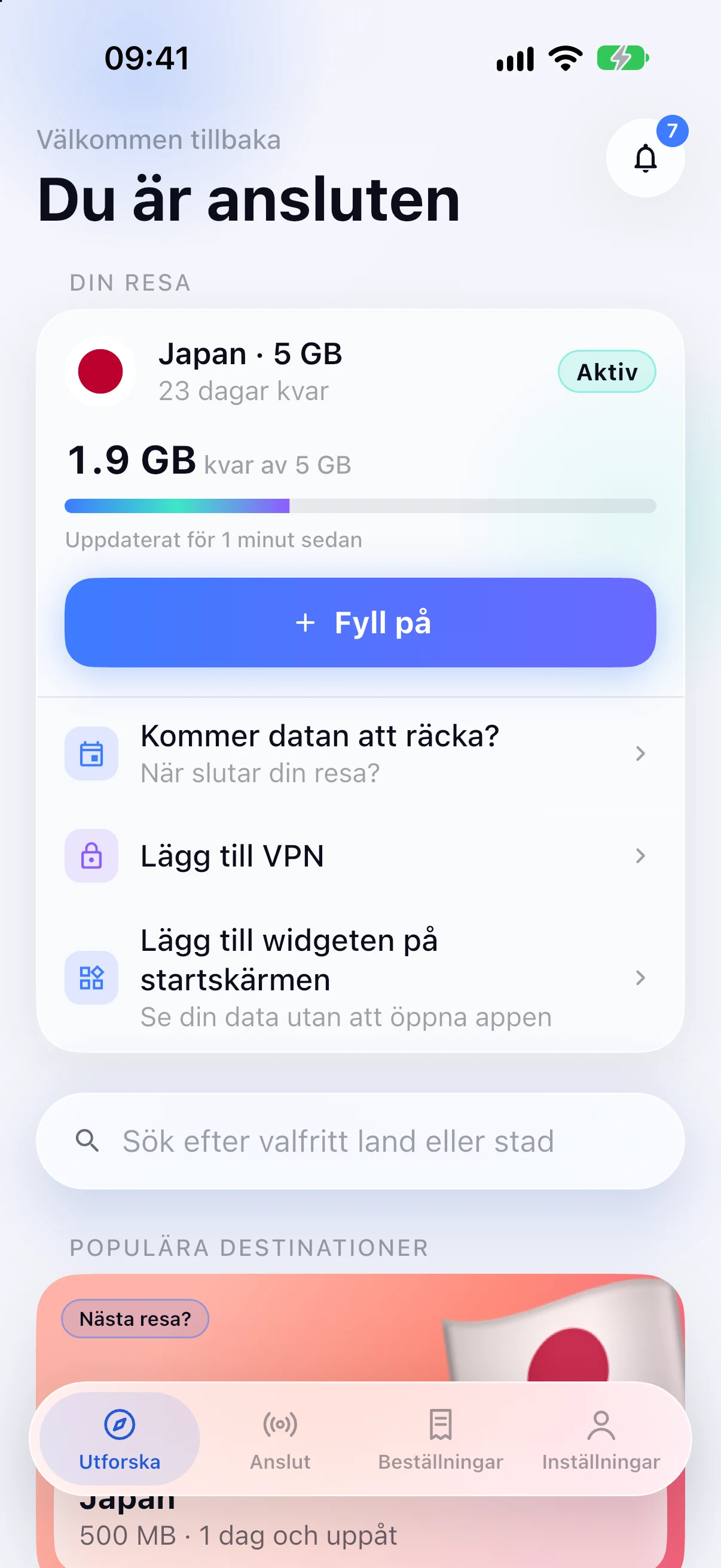 Sök efter resmål i SimFuse-appen