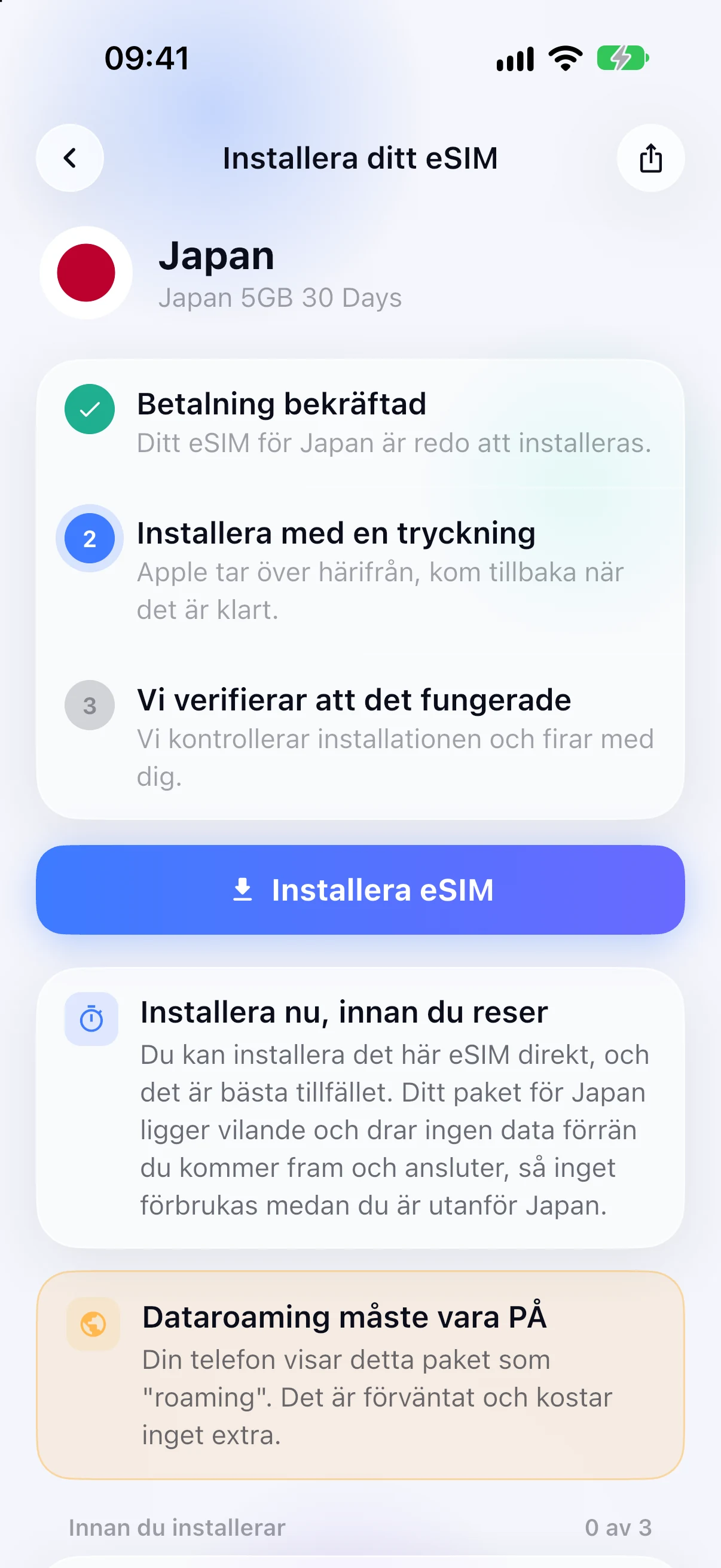 Guidad eSIM-installation i SimFuse-appen