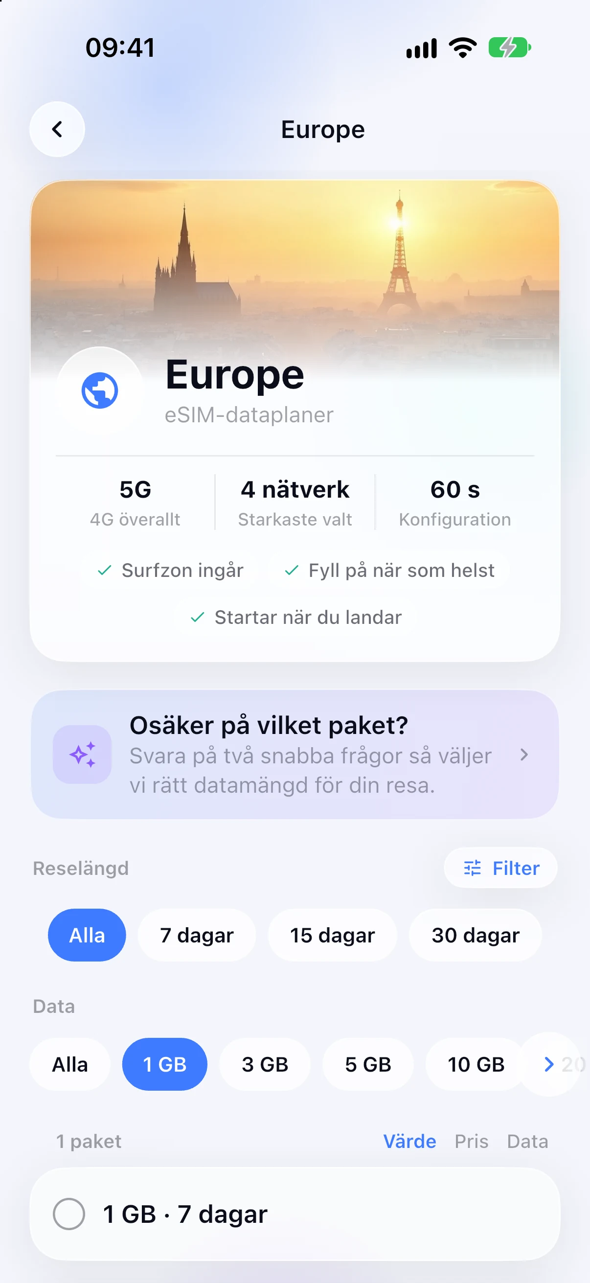 Regionala eSIM-abonnemang för Europa i SimFuse-appen