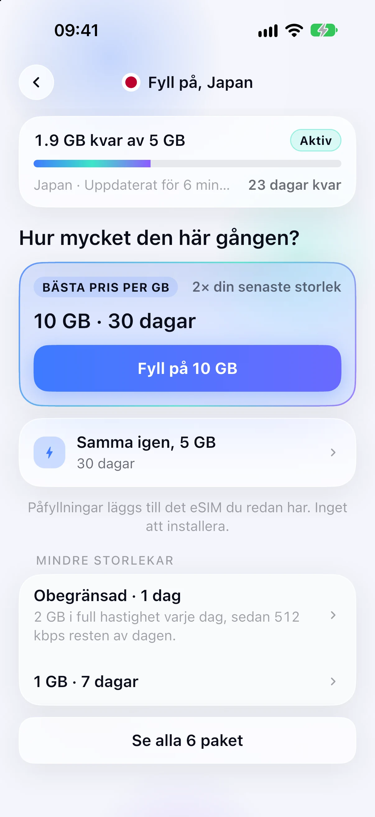 Påfyllningsalternativ för ett eSIM som redan är installerat