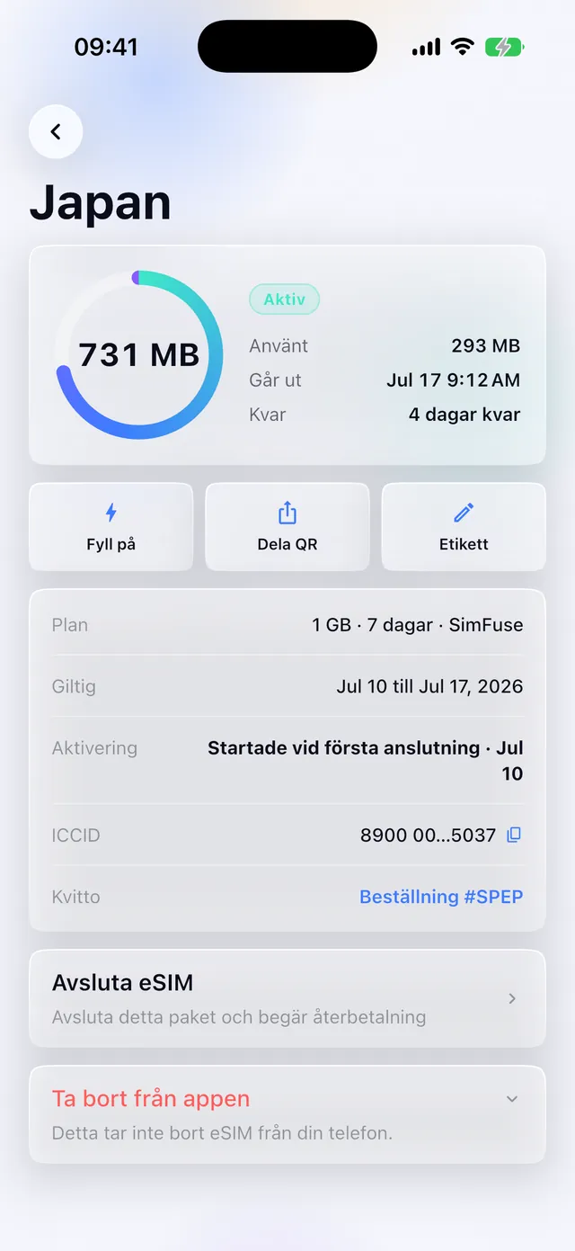 Dataanvändning i realtid för ett aktivt eSIM i SimFuse-appen