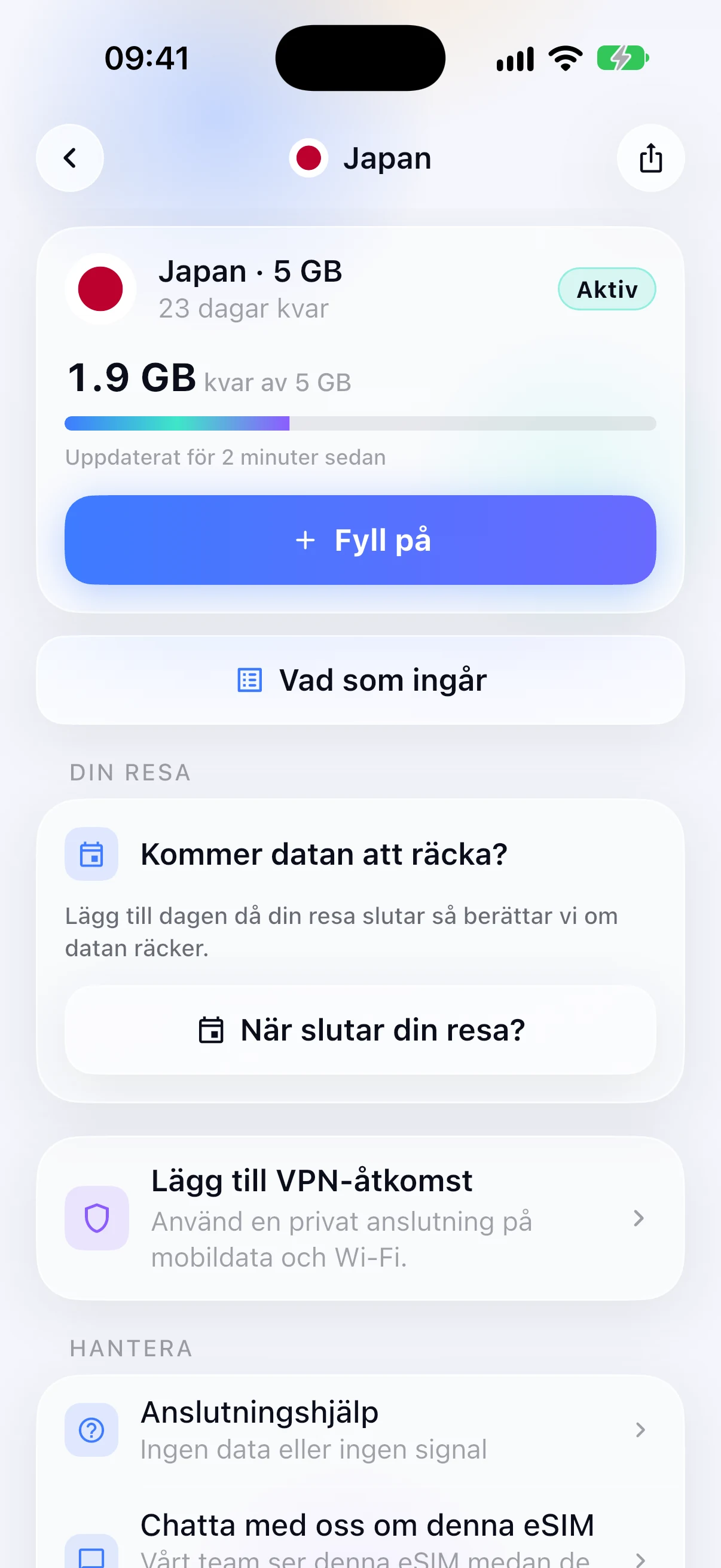 Återstående data på ett aktivt eSIM i SimFuse-appen