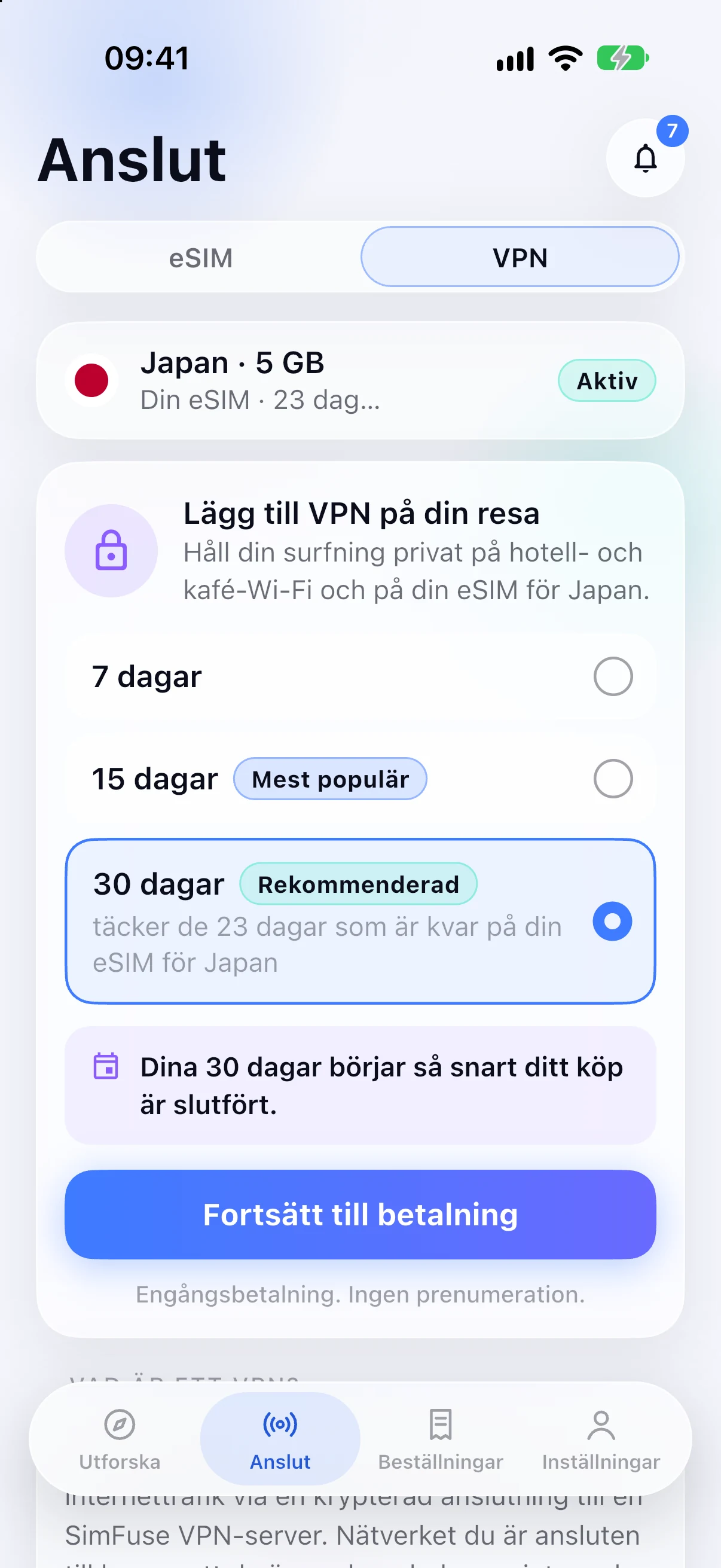 Lägger till VPN till ett Japan-eSIM i SimFuse-appen